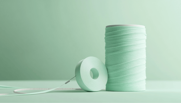 A thread and needle on a pastel surface