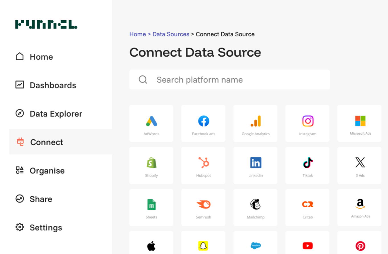 Funnel's integration dashboard featuring logos of all apps you can connect with