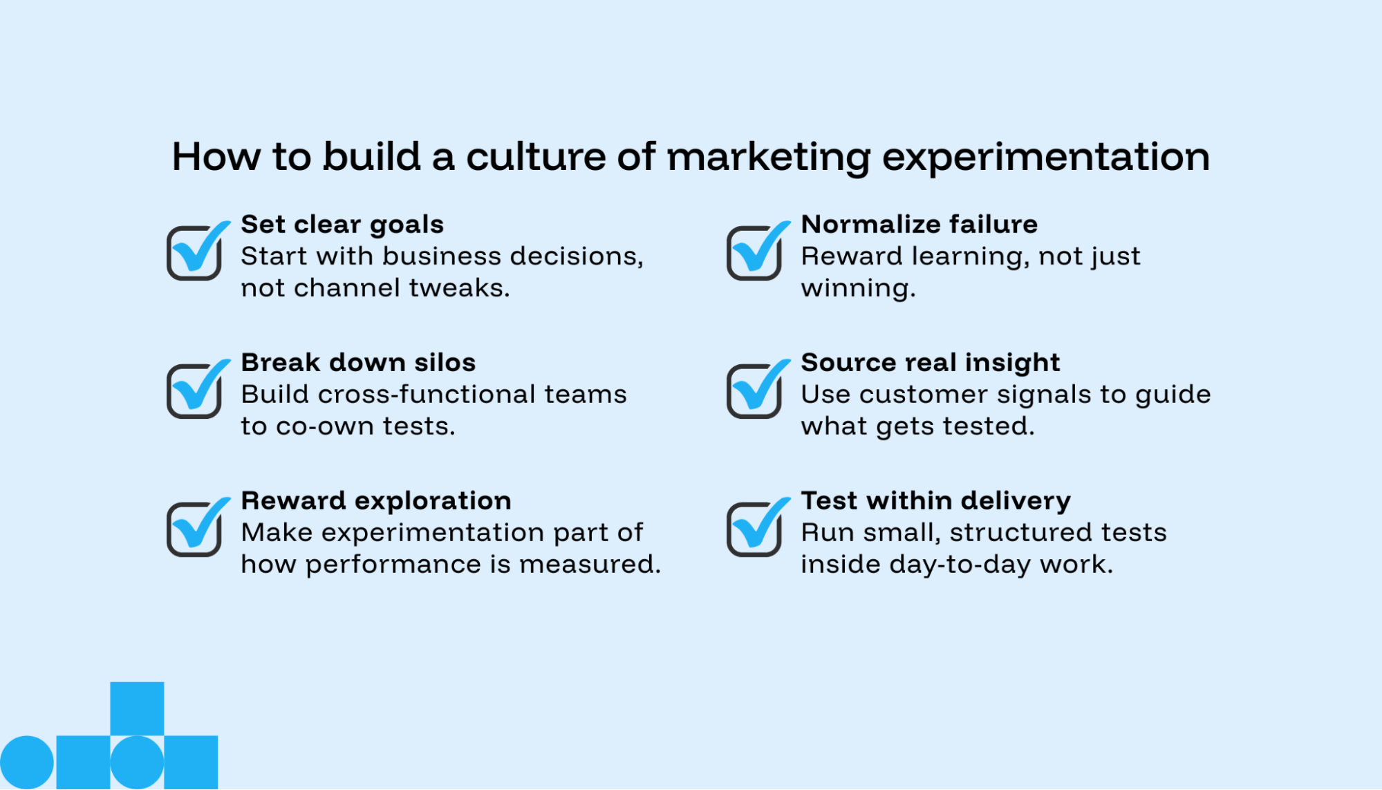A checklist to build a culture of marketing experimentation.