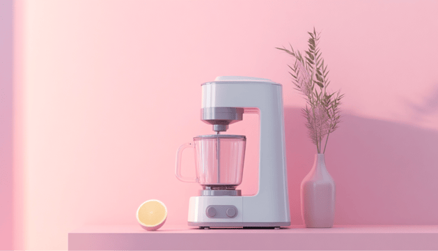 A blender on a pink pastel background.