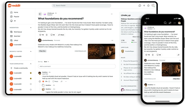 Desktop and mobile phone showing contextual ad for foundations