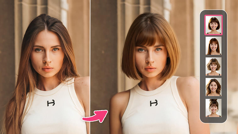 Side-by-side of woman with different hairstyles in AI-app